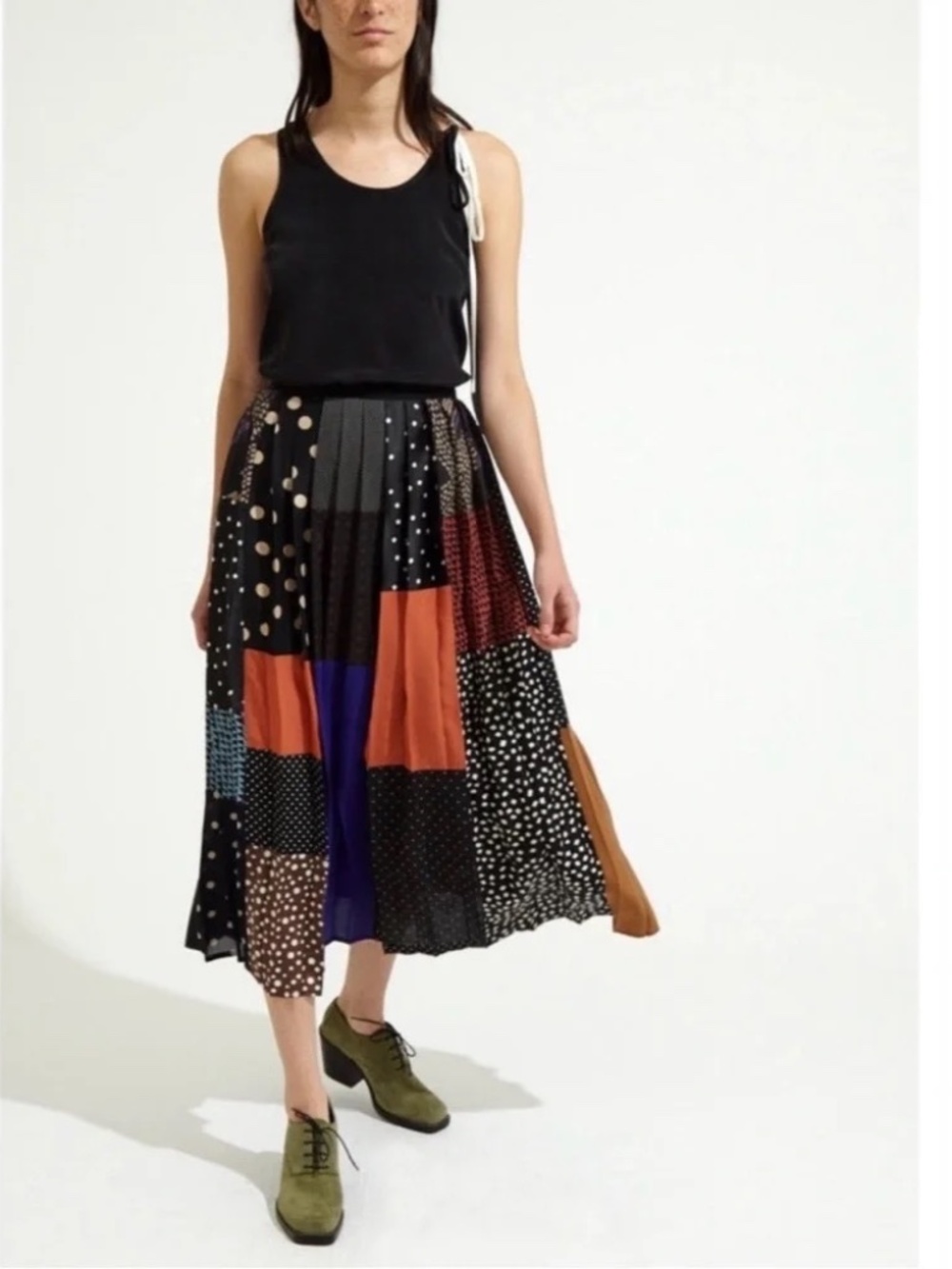 Correll Correll Patchwork Pleated Midi Skirt Silk Blend Polka Dot Multicolor L